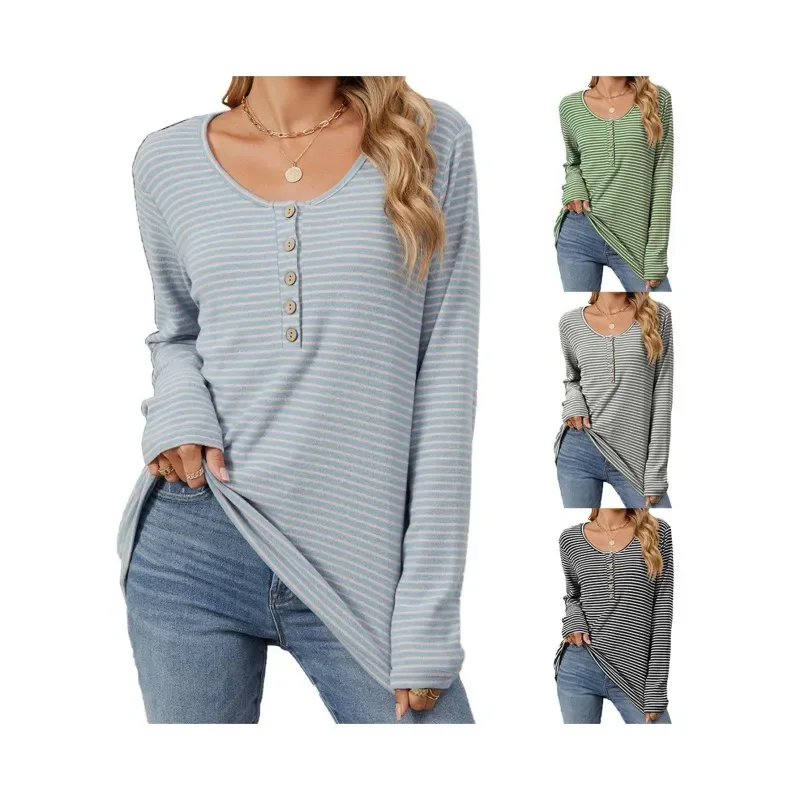 Women O Neck Long Sleeve Shirt Sexy Cropped Tops Autumn Casual Strip Slim Basic Woman T Shirts Clothing