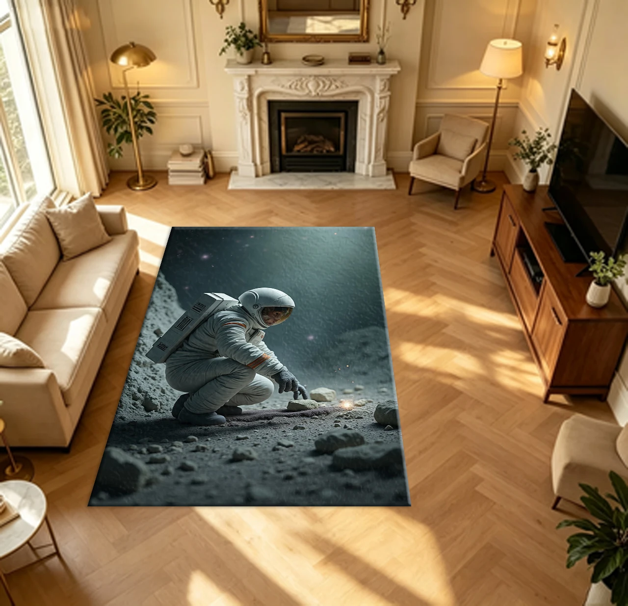 Astronaut Exploring Rocky Moon Surface carpet flooring Space Science Home Decor Rug