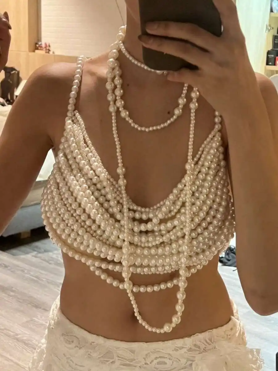 

Multi-Layer Pearl Body Chain Camisole Top For Women Handmade Knotted Fashion