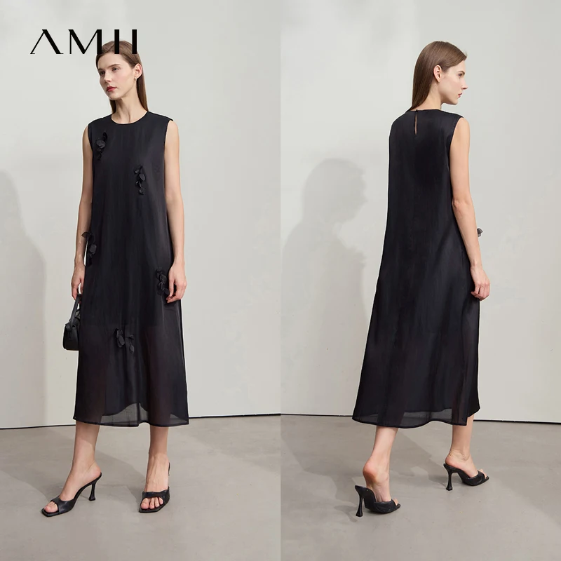 Amii 여성 드레스 미니멀리스트 솔리드 컬러 멀베리 실크 코튼 블렌드 민소매 3차원 스터드 플라워 드레스 12542104