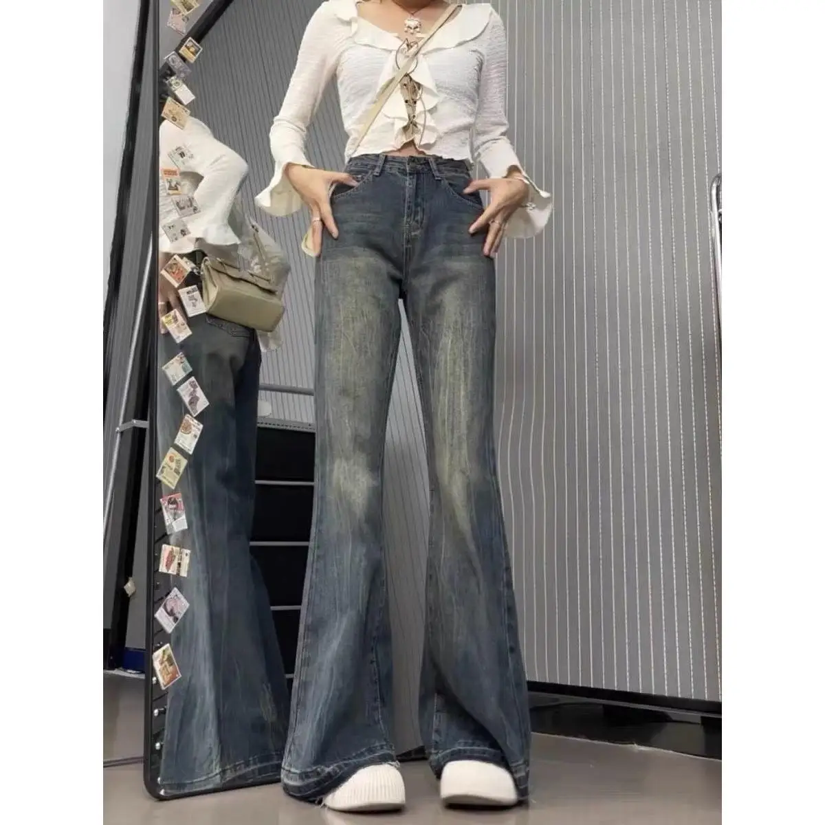 

High Waist Straight Leg Loose Women's Jeans Casual Winter Faion plus Size Floor Length Trousers Slimming Effect Dirt Pink