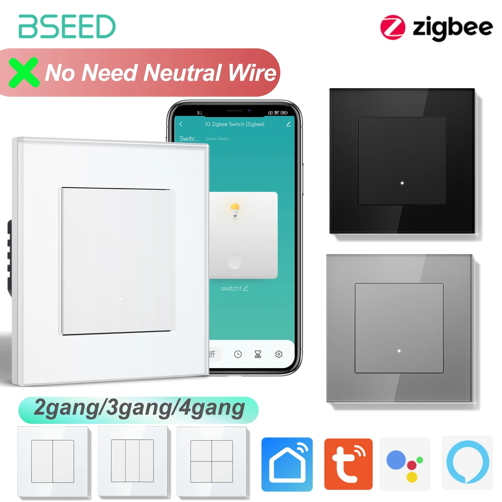 BSEED Zigbee Click Switches Не требуется нейтральный провод Настенные умные выключатели света Стеклянная рамка Стандарт ЕС для Tuya Alice Alexa