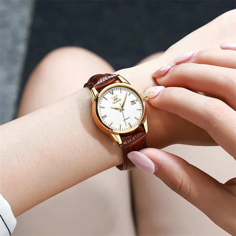 OLEVS Top Luxury Women Wristwatch Automatic Mechanical Waterproof Watch Calendar Brown Leather Watchstrap Lady Watches 2024