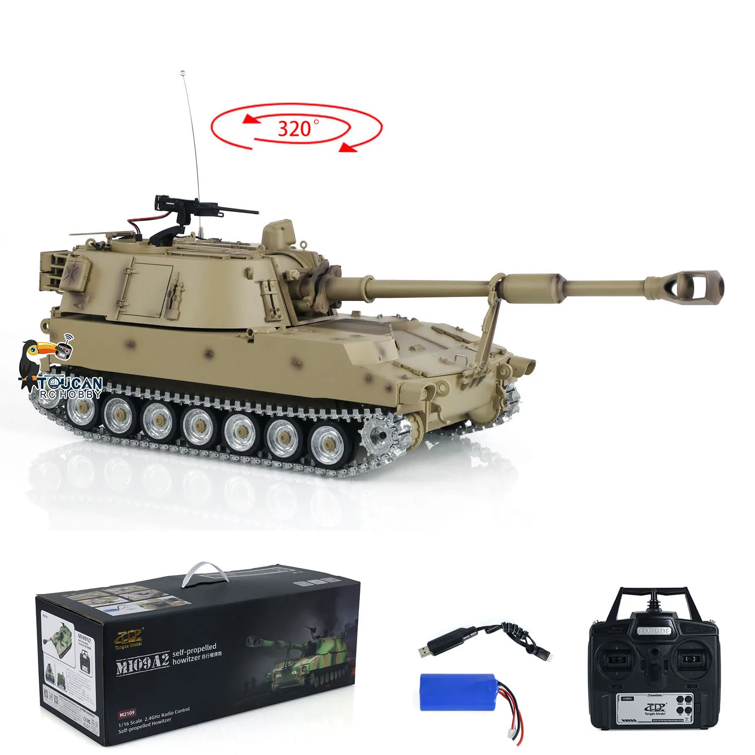 1/16 Scale Tongde M109A2 RTR RC Military Tank Self-propelled Metal Wheels Controlled Panzer Truck BB Vehicle Car for Boy TH24240