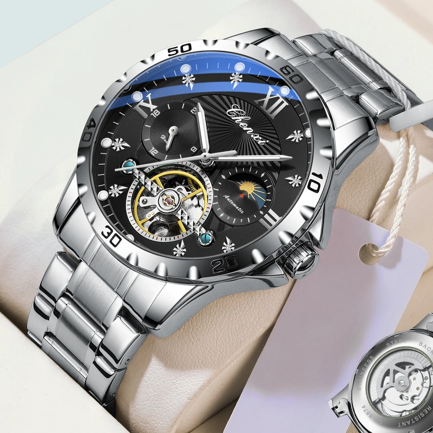 

Модные мужские автоматические механические часы со скелетом, роскошные деловые водонепроницаемые наручные часы с турбийоном и светящейся стрелкой для мужчин