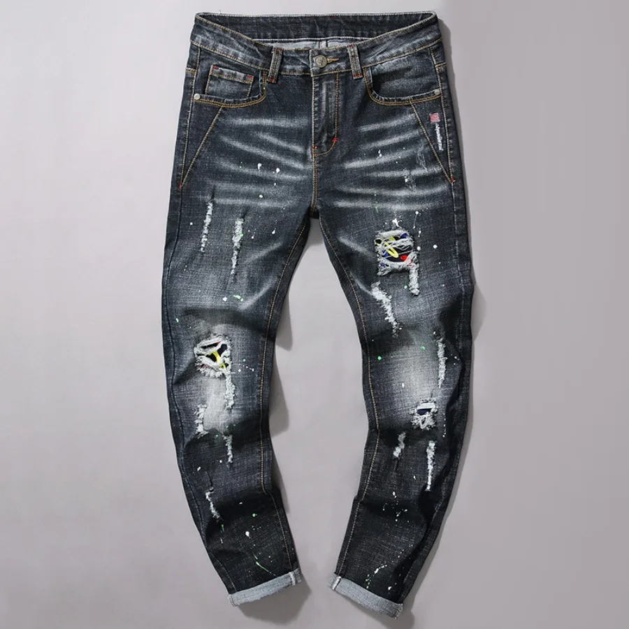 Autumn New Elastic Jeans Men's Casual Ripped Patch Trend Slim Fit Small Leg Pants