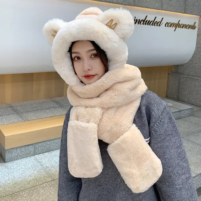 Bear Hat Scarf Big Bear Ear Scarf Hat One Female Winter Cute Plush Scarf Warm Thick Hat