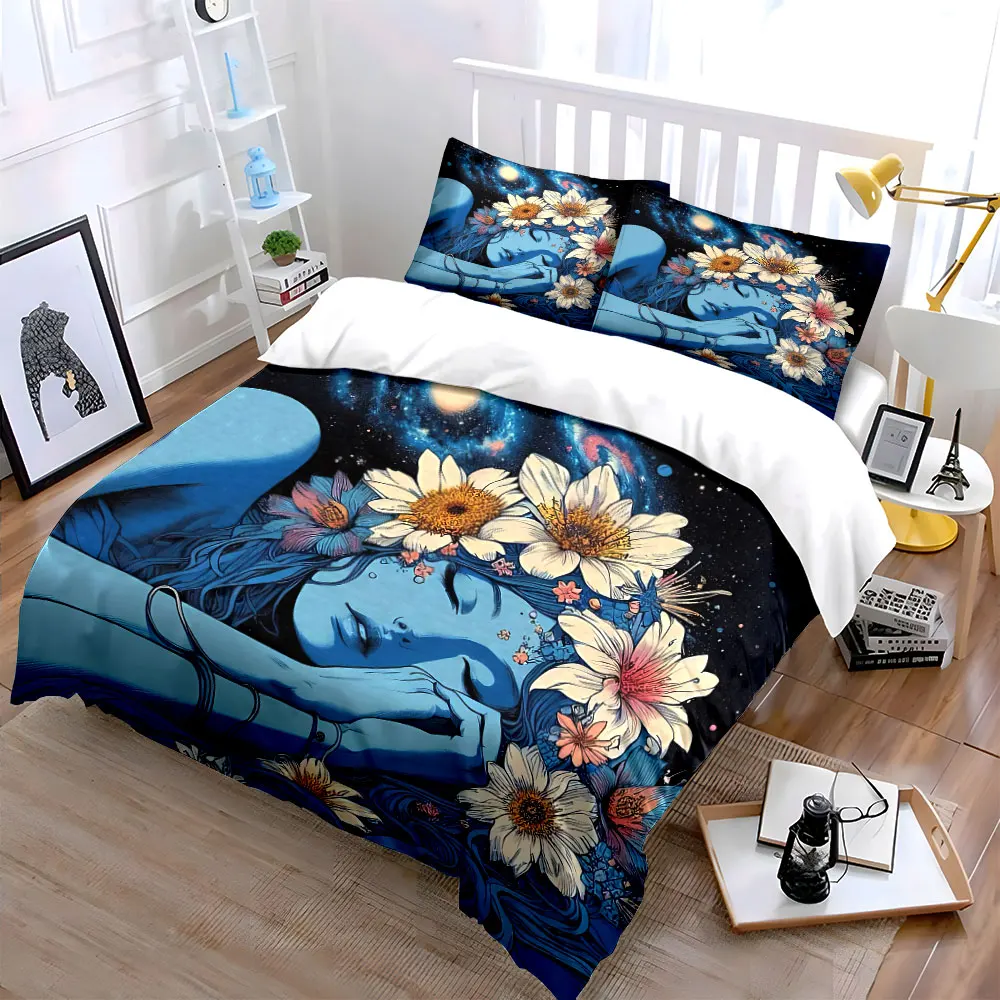 3Pcs Cosmic Daisy Sleeping Blue Lady Duvet Cover Set, Galaxy Star Floral Art Bedding with 1 Duvet Cover 2 Pillowcases,Gift