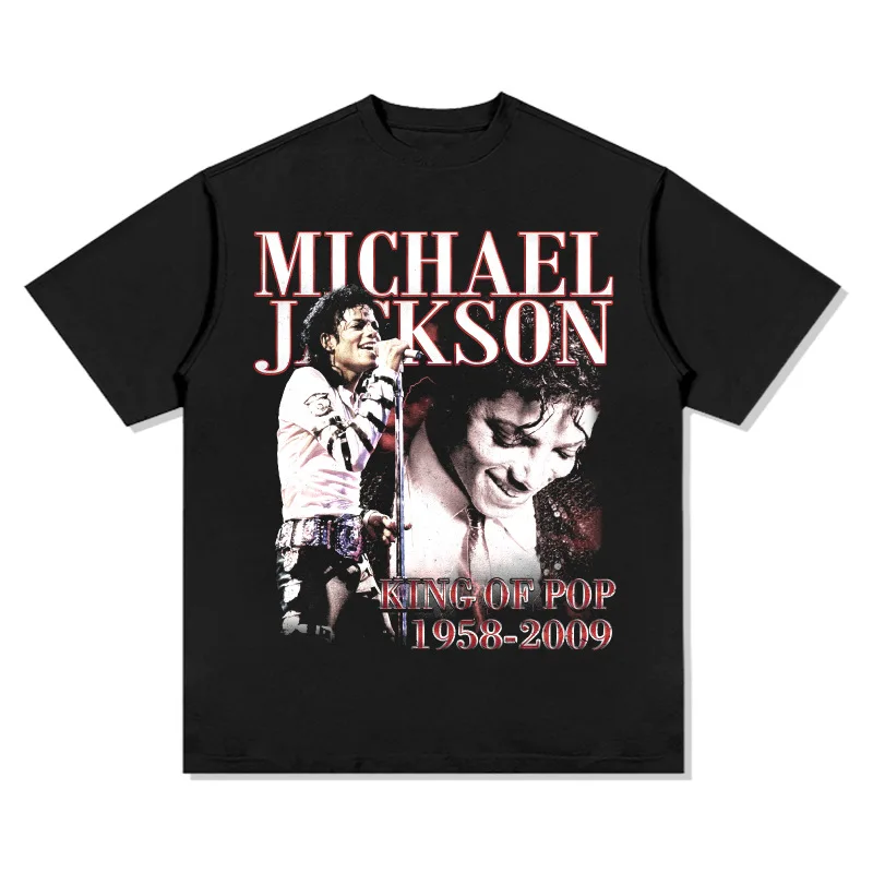 

Motorcycle Michael Jackson Trendy Brand Retro Print Distressed Washed Cotton Loose Round Neck Short Sleeves