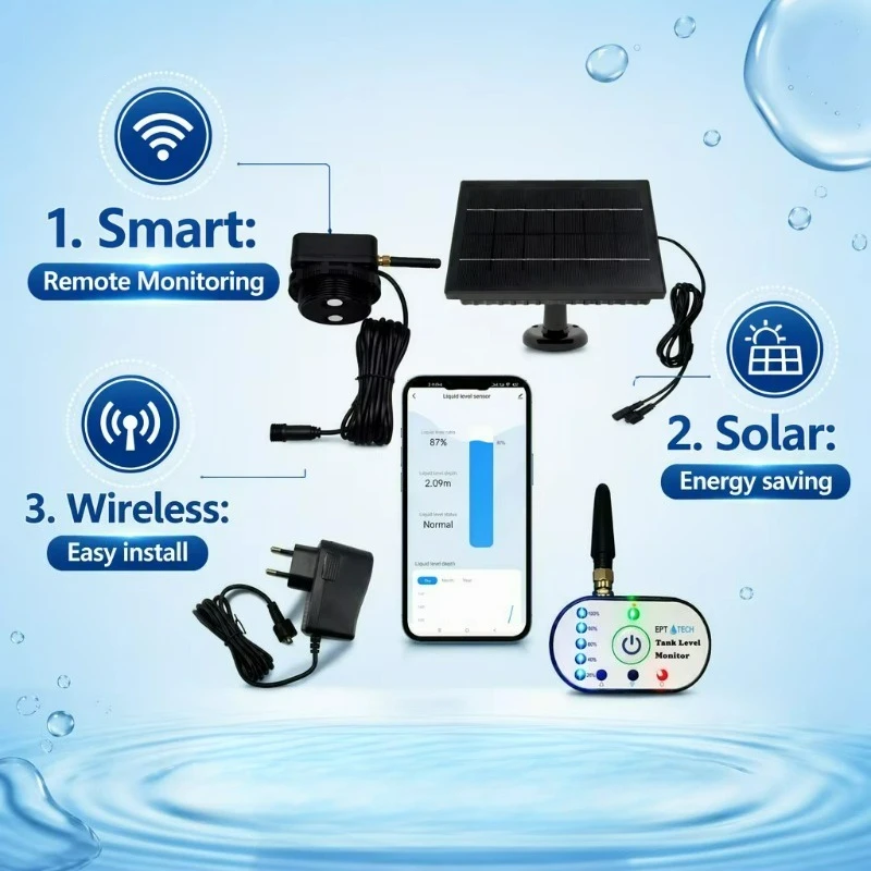 TLC2502P-S Tuya Smart Life Ultrasonic Level Transmitter Solar WiFi+LORA Water Diesel Fuel Tank Depth Sensor with Alarm Output