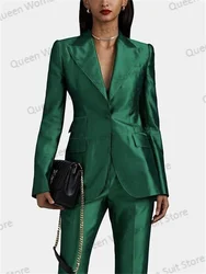 Green Satin Women Suits Pant Set Blazer+Trouser 2 Piece Wedding Tuxedo Formal Prom Dress Formal Office Lady Jacket Party Coat