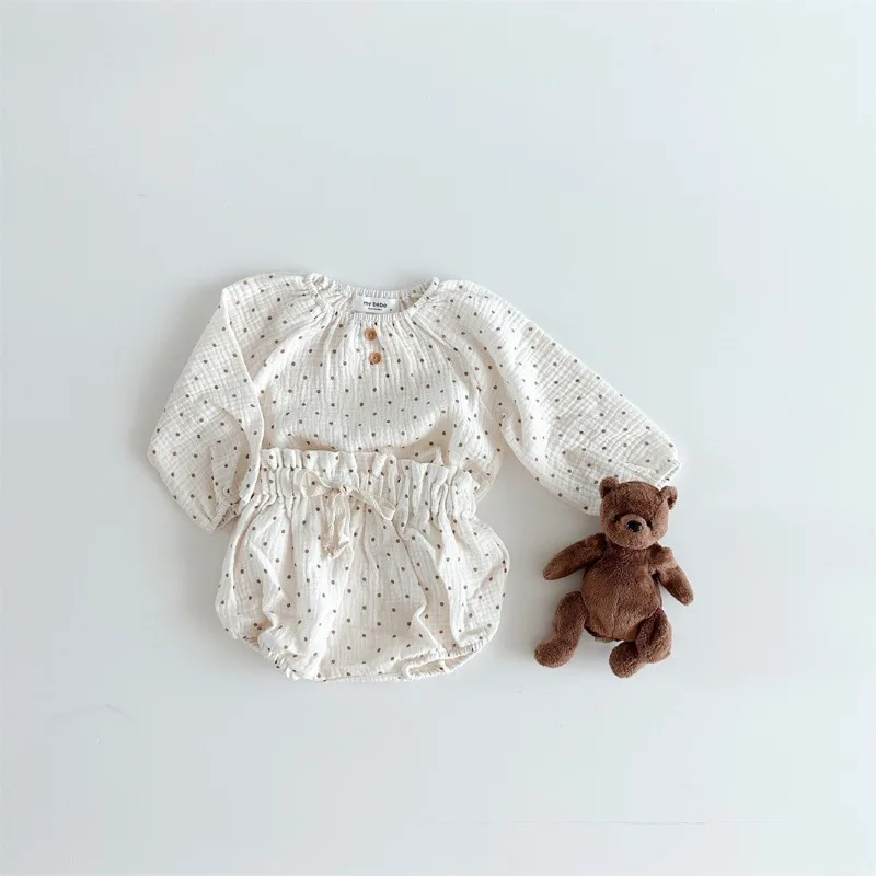 2024 Spring Newborn Floral Print Cotton Long Sleeve Tops+Shorts 2pcs Boy Girl Baby Loose Dots T-shirt Set Thin Infant Tees Suit