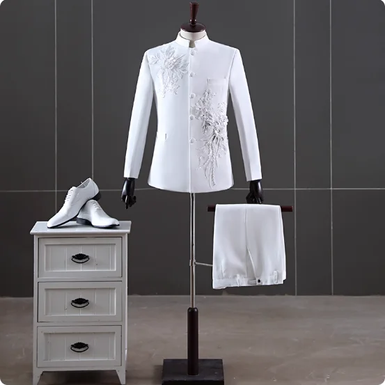 

Chinese Style Men's Slim Fit Stand Up Collar Suit Banquet Performance Wedding Dress