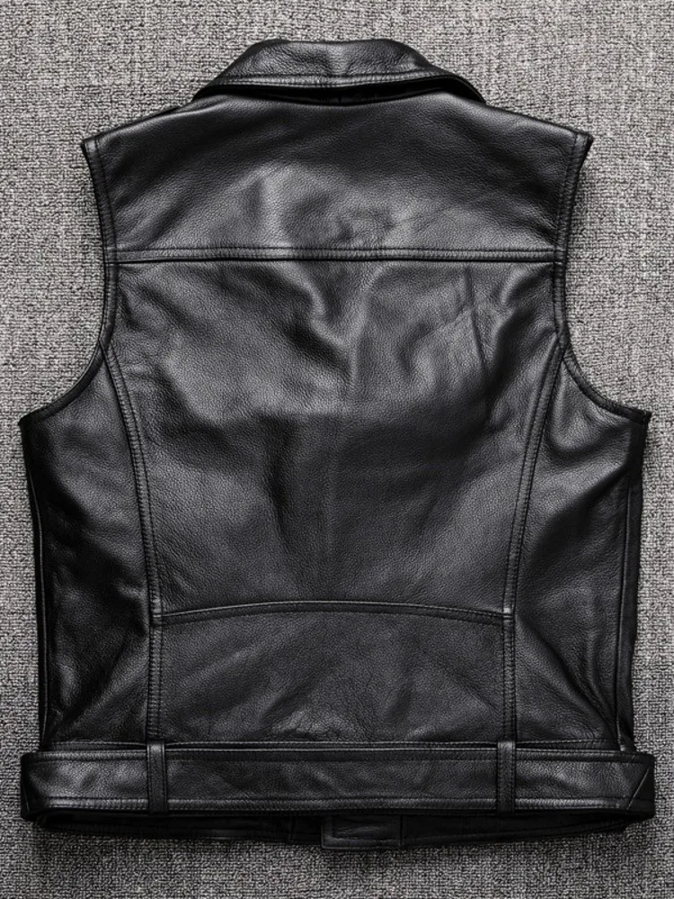 Vintage Men Slim Fit Cowhide Genuine Leather Motorcycle Biker Vest Top Belted Waist Sleeveless Jacket 5XL Lapel Collar Waistcoat