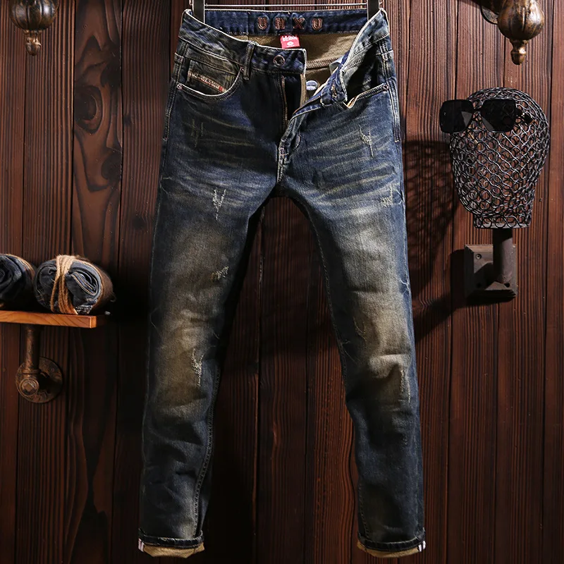 

2025 Spring and Autumn slim fit small straight leg jeans men's motorcycle retro personality fashion heavyweight denim pants