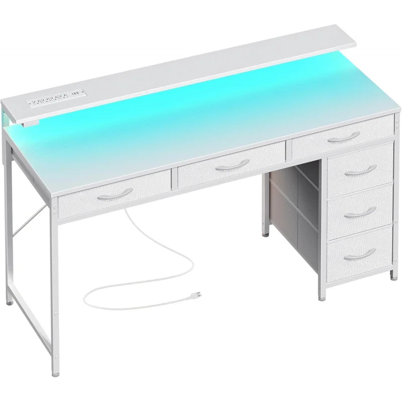 Gaming Desk with 6 Drawers, Computer Desk with LED Lights Power Outlets and Type-C, 47 Inch Office Desk with Storage, Monitor St