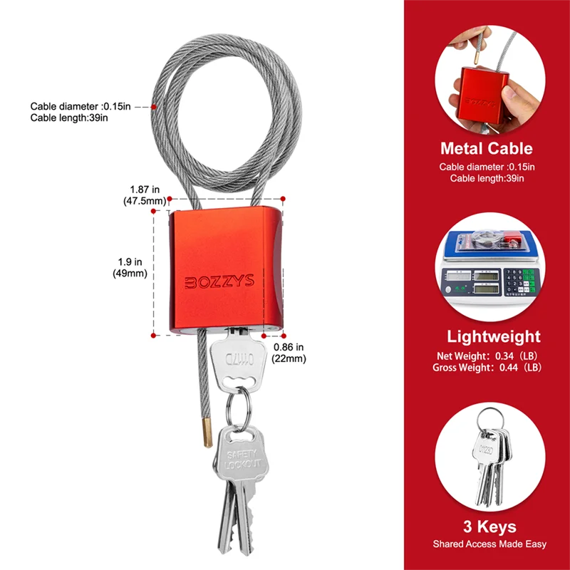 BOZZYS Keyed Aluminum Padlock with PVC-Coated Stainless Steel Cable for Lockers Bikes Gates Fences Cases-Durable cable lock