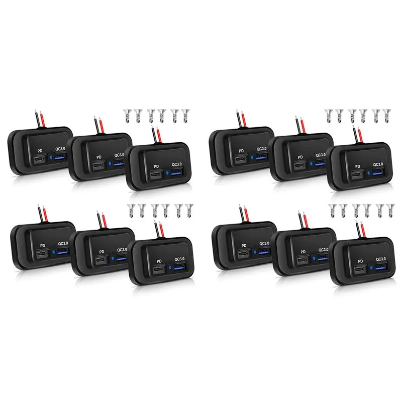 Y51A-12PCS 12V/24V RV USB Outlet, Dual PD3.0 Type-C (USB C)& Quick Charge QC3.0 USB-A Port Panel Mount Car USB Socket