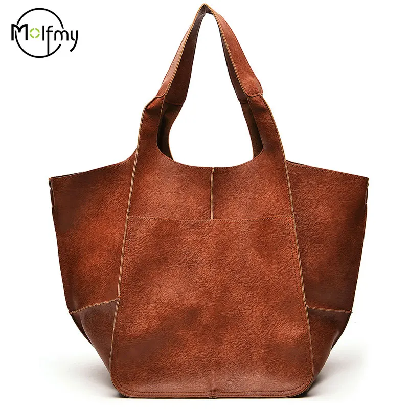 Large Capacity Tote Bags Women Handbags Casual Soft Designer Luxury Metal Look Pu Leather Shoulder Bag Retro Big Shopper Purses