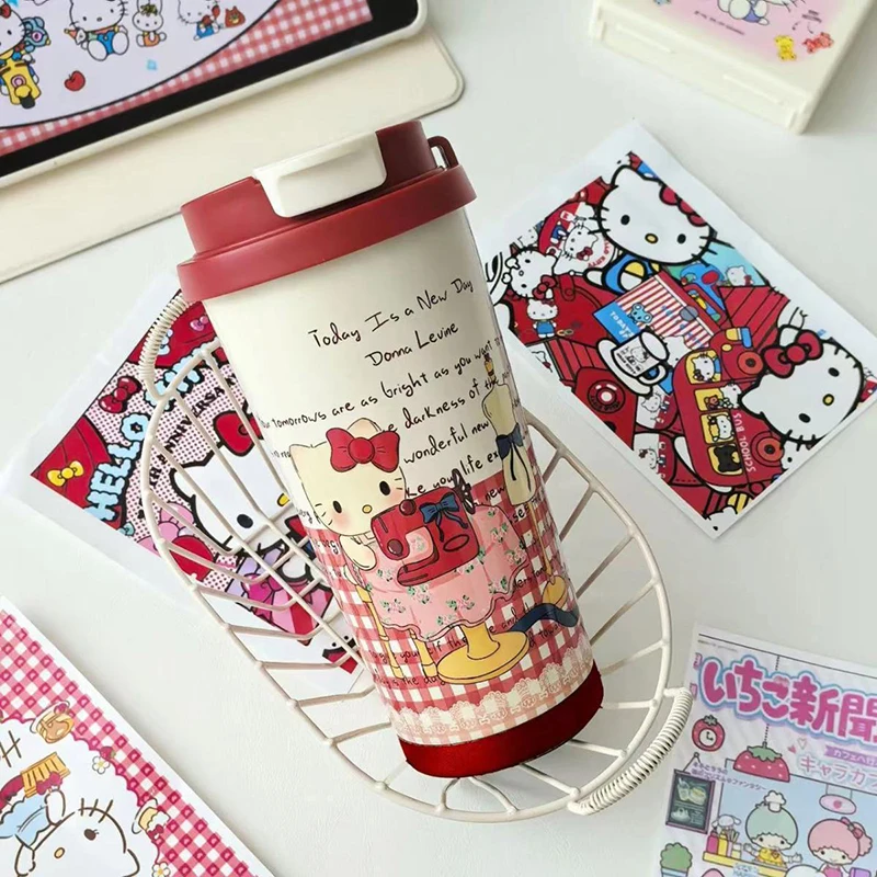 Portable Sanrio Hello Kitty Travel Coffee Mug Spill Proof With Lid Straw Thermos Cup Cute Cartoon Mug Vacuum Flask Water Bottle