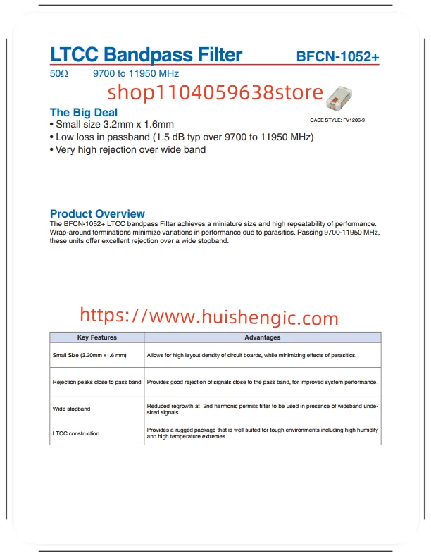 BFCN-1052+      10.77 GHz center value bandpass ceramic filter 2.25 GHz 50 ohm 4-SMD, lead