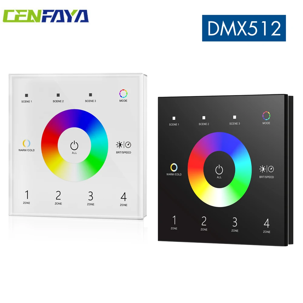 

CENFAYA RGBCCT DMX Master 4-зонная настенная сенсорная панель DMX512 с LED-индикатором, протокол DMX512, белое/черное стекло