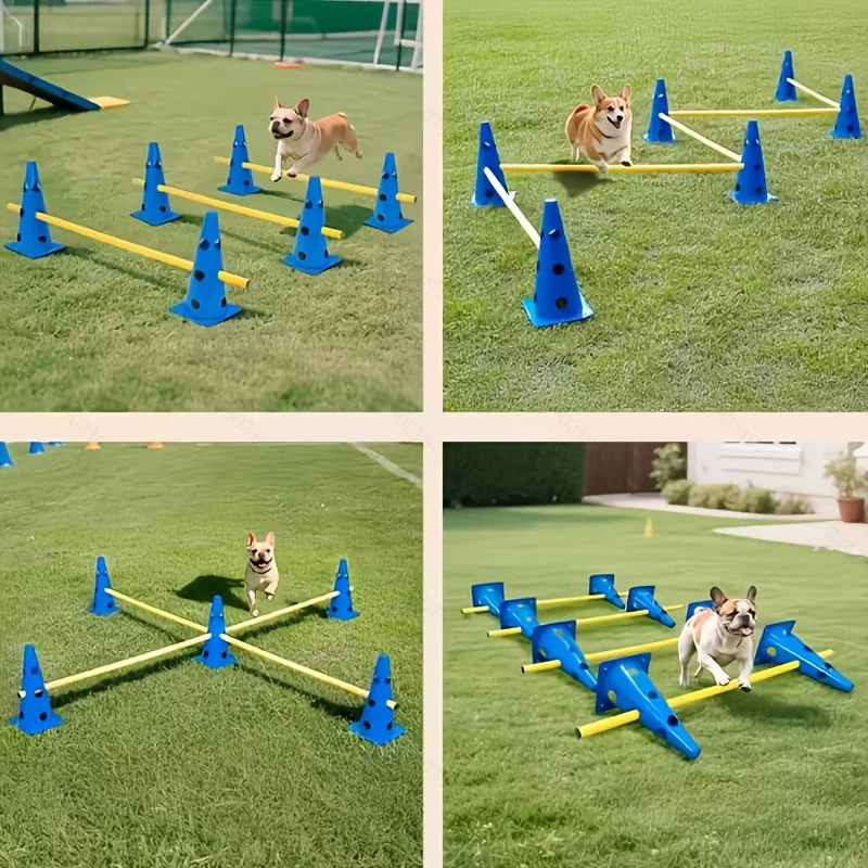 Dog agility training equipment set with perforated roadblock bucket and hurdle stand