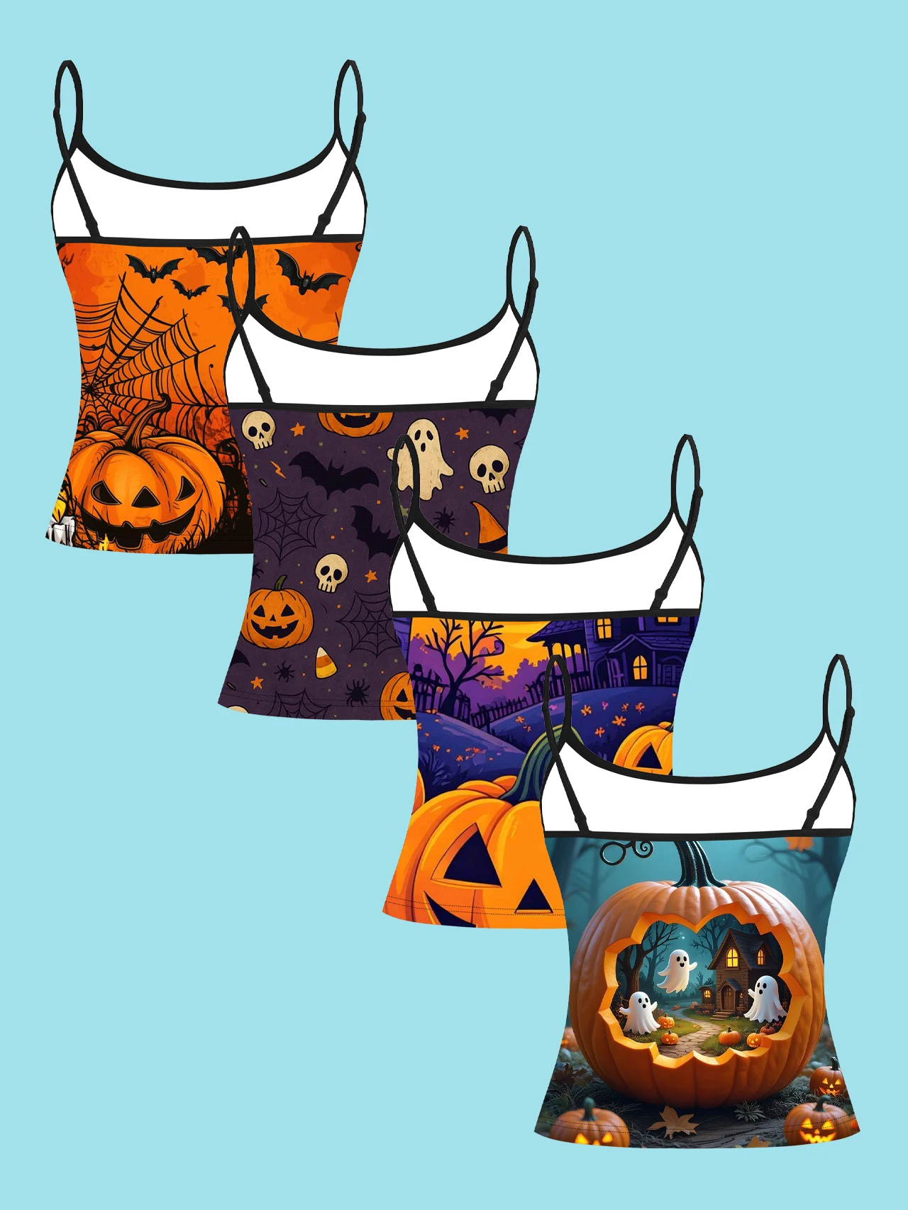 4-Piece Set of Halloween Pumpkin, Bat, Haunted House Women's Camisoles with Spider Web, Skull, Ghost, Candy, and Colorful Scene Prints, Slim-Fit Spaghetti Strap Short Camisole Tops