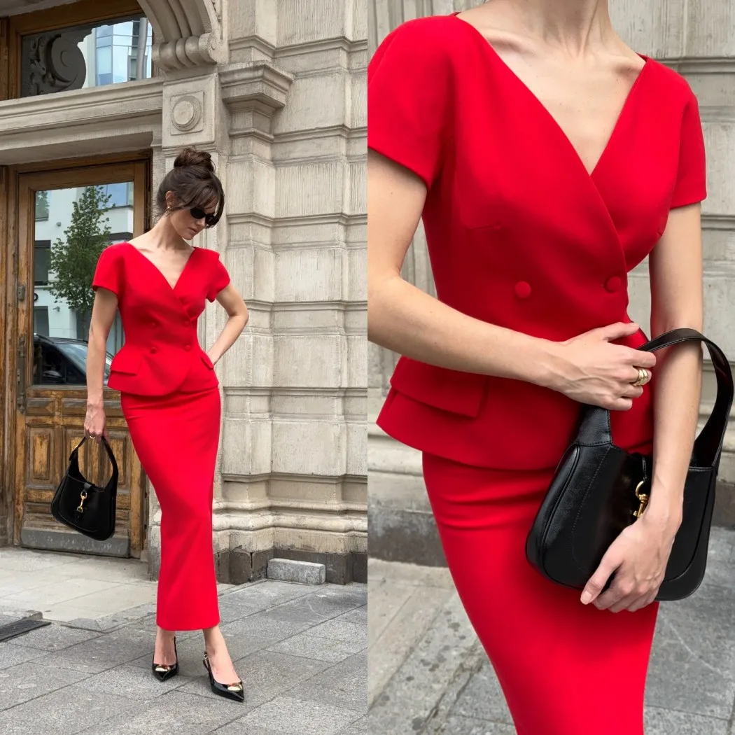 Women's Dresses Suit Gowns Elegant Double-Breasted Jacket Coat And Skirt For Female Satin Short Sleeves 2 Pieces Suit Customized