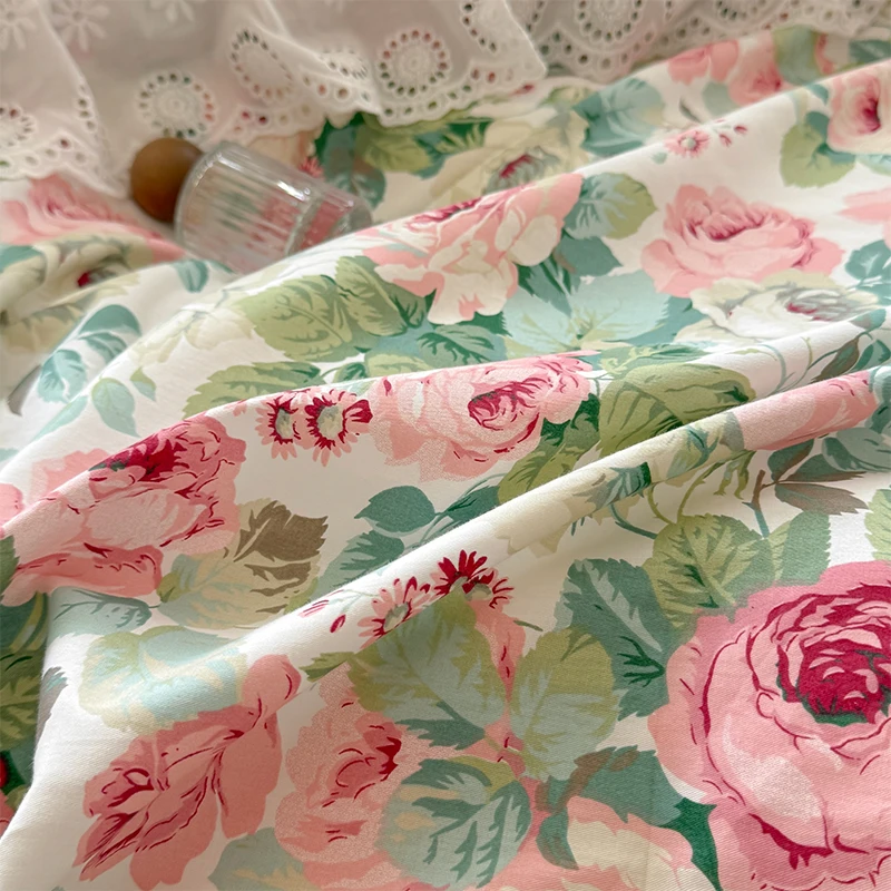 Floral Print Pure Cotton Korean Princess Style Bedding Set Bedskirt Bedspread Quilt Cover French Vintage Lace Bed Set Pillowcase