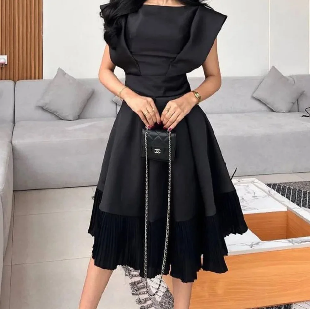 

Party Gowns Classic O-neck Jersey Cap Sleeve Sleeveless A-Line Evening Dress Pleats Ruched Photo Color Tea Length Zipper Back