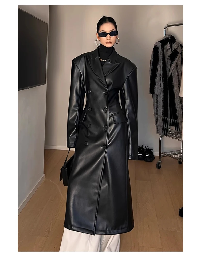 Nerazzurri Spring Autumn Luxury Long Black Fitted Pu Leather Trench Coat for Women Shoulder Pads Double Breasted Runway Fashion