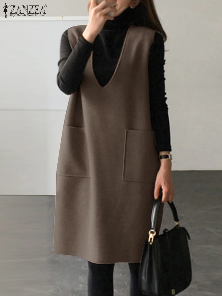 ZANZEA Winter Solid Dress Vintage Women Corduroy Dress Casual Loose Sleeveless Apron Dress Holiday Sleeveless Oversize Robe
