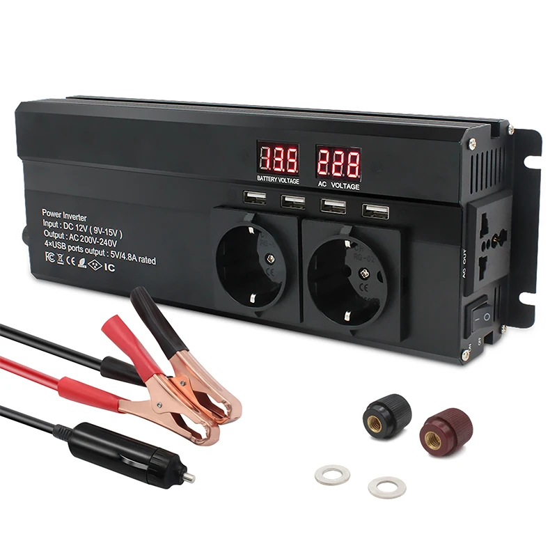 Inversor 12V to 220V 1600W Power Inverter EU Plug 3AC Outlets 4 USB Outing Car Inverter Converter Inversor Solar Auto Accessorie