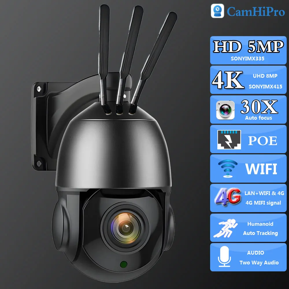 

4G SIM-карта, 4K 8Мп Wi-Fi PTZ IP-камера видеонаблюдения с 30-кратным зумом, аудио, отслеживанием человека, ИК 80 м