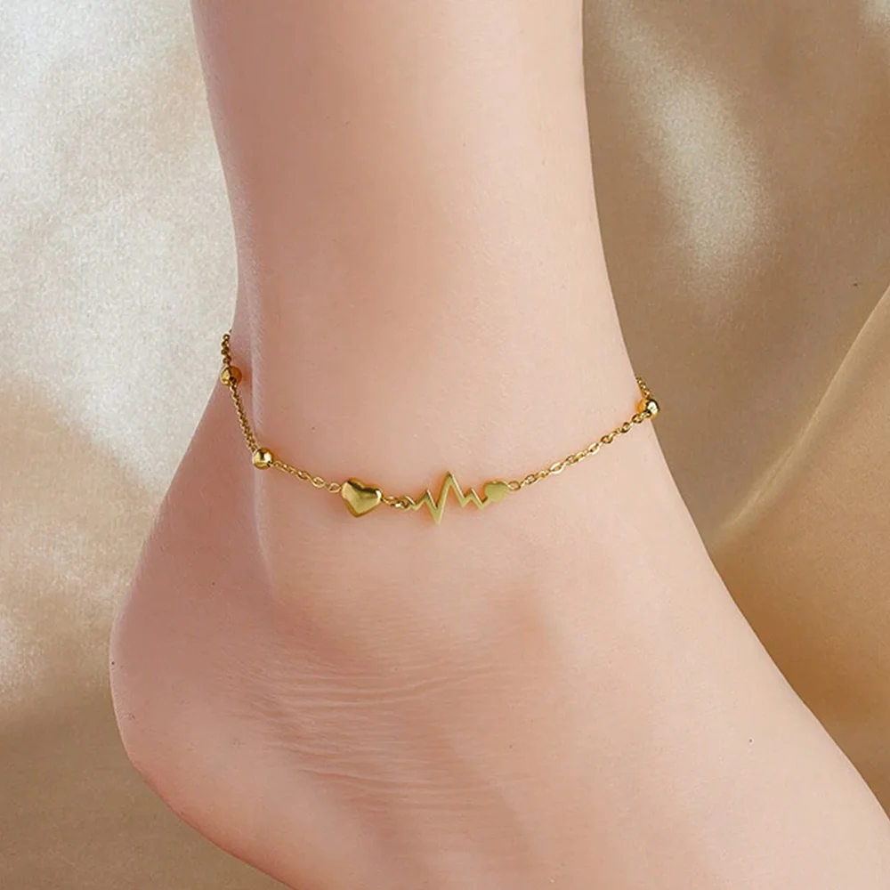 Stainless Steel Three-Dimensional Heart-Shaped Anklet Women's Simple Fashion Personality Commuter Ankle Jewelry Creative Gift