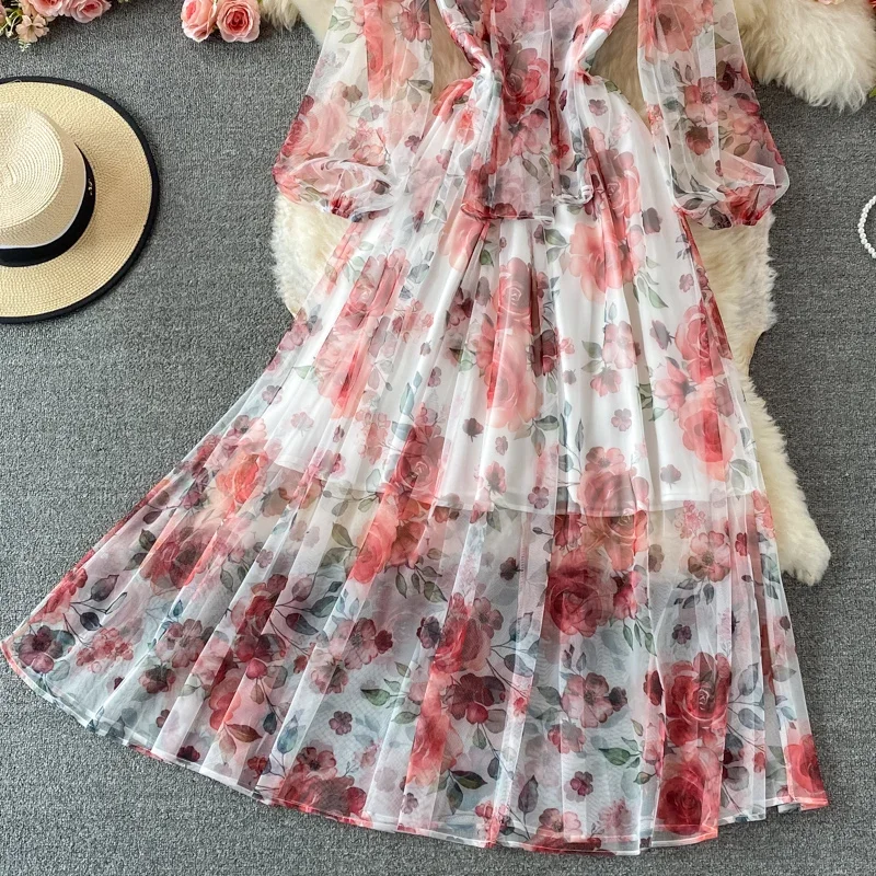 優しい風蝶ネクタイベルト薄いハイウエストクラッシュシフォンドレス長袖エレガントなハイエンド大きな裾ロングスカートサマードレス