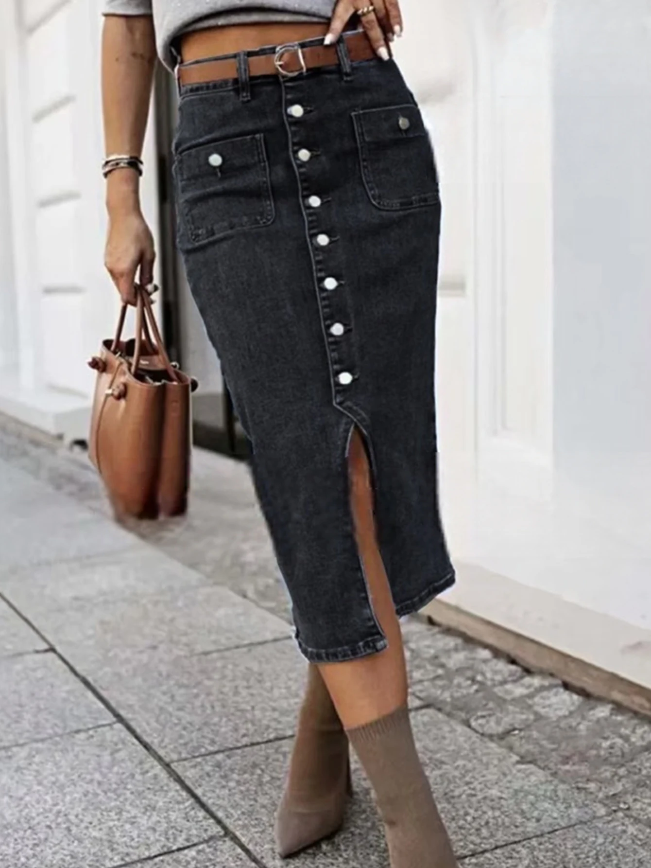 

Summer Autumn Skirts 2025 Women's Daily Basic Casual High Waist Button Button Through Denim Skirts