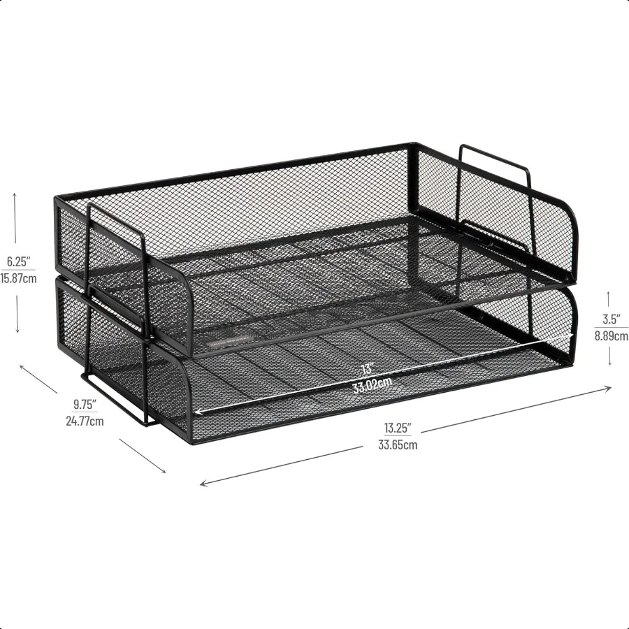 صينية ورق قابلة للتكديس منظم سطح المكتب تخزين الملفات شبكة معدنية للمكتب 13.25 بوصة طول × 9.75 بوصة عرض × 6.25 بوصة ارتفاع 2 قطعة. أسود