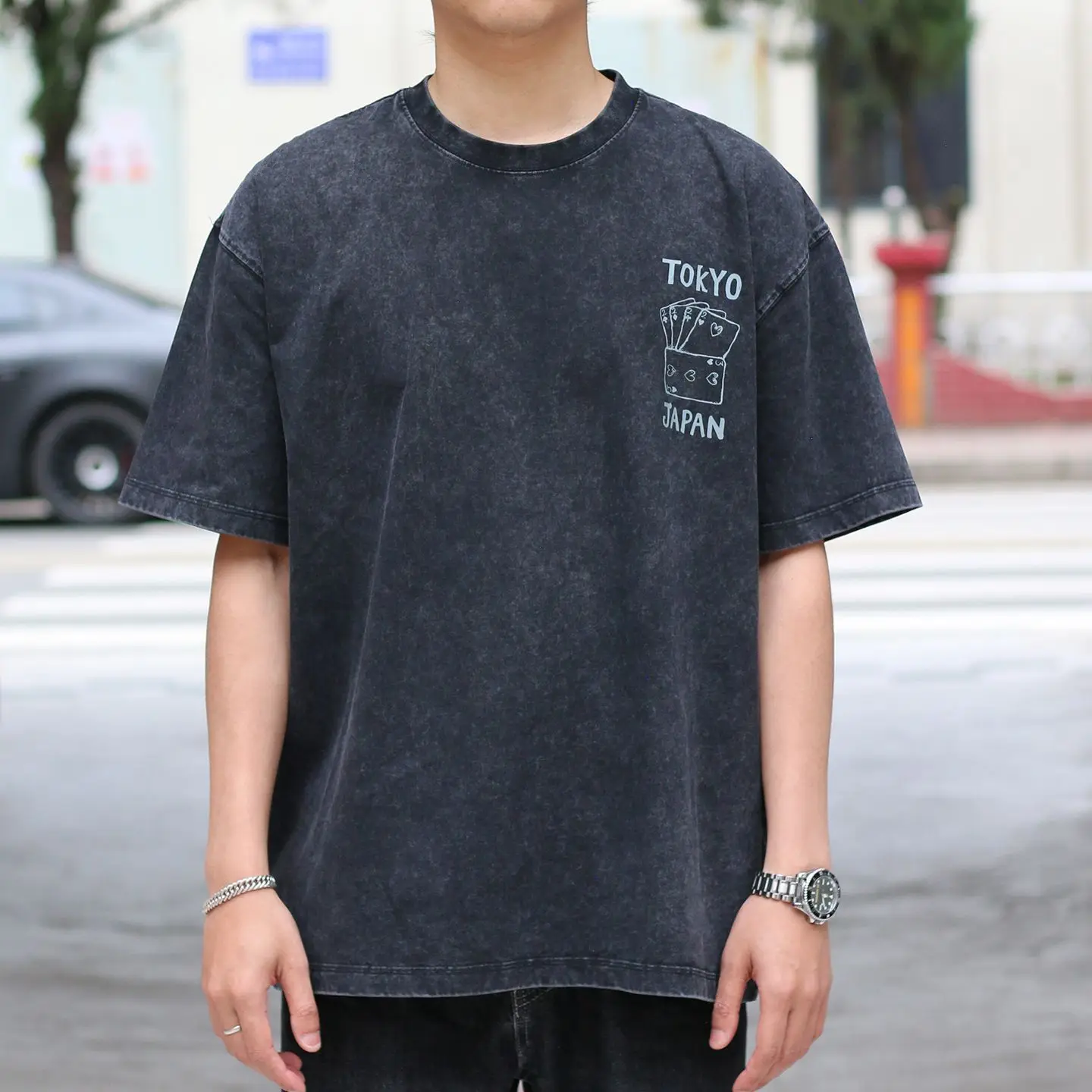 Heavy‑Weight 300GSM Washed Pure Cotton Small Crew Neck Short‑Sleeve T‑Shirt Printed Loose Versatile Unisex Casual Daily Tops