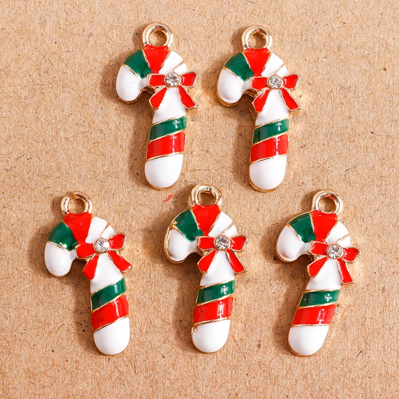 10pcs 22x11mm Enamel Christmas Bowknot Crutch Charms Pendants for Jewelry Making Necklace Earrings DIY Bracelet Accessories