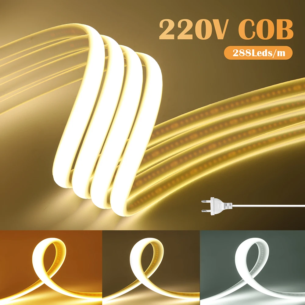 

Гибкая неоновая светодиодная лента Cob 220 В с диммером, комплект питания 288 светодиодов, теплый/натуральный белый, 0,5 м, 1 м, 2 м, 5 м, 10 м, линейное освещение