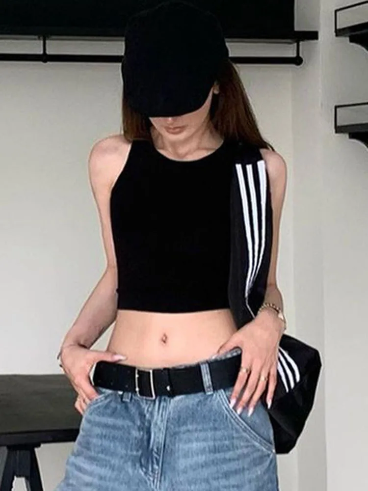 

Y2K женские топы с открытой спиной, укороченный топ без рукавов, сексуальный милый черный жилет, майка, летний укороченный жилет, женская одежда 2000-х годов