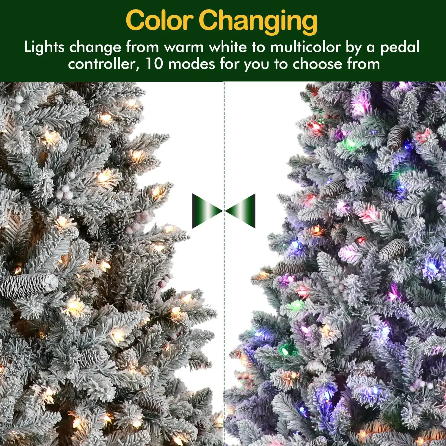 Hykolity 9 Ft Prelit Snow Flocked Christmas Tree with Pine Cones Berries 600 Color Changing LED Lights 2100 Branch Tips 10 Modes