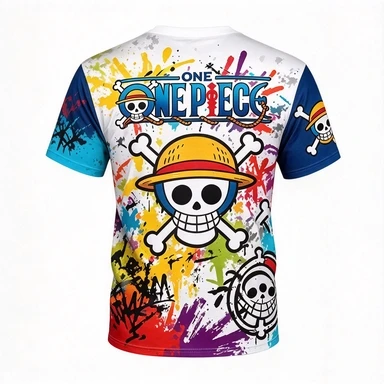 One Piece King Luffy Crossed Arms Handsome Style Colorful Inkjet Graffiti and Straw Hat Pirates Skull Logo Daily Wearing Top