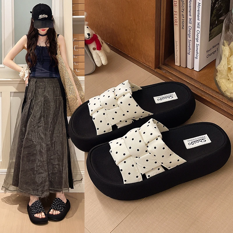Fashionable Polka Dot Woven Sandals Women's Thick Bottom Heightening Beach Slip-On Shoes Korean Style Flat Toe Open Arch Support
