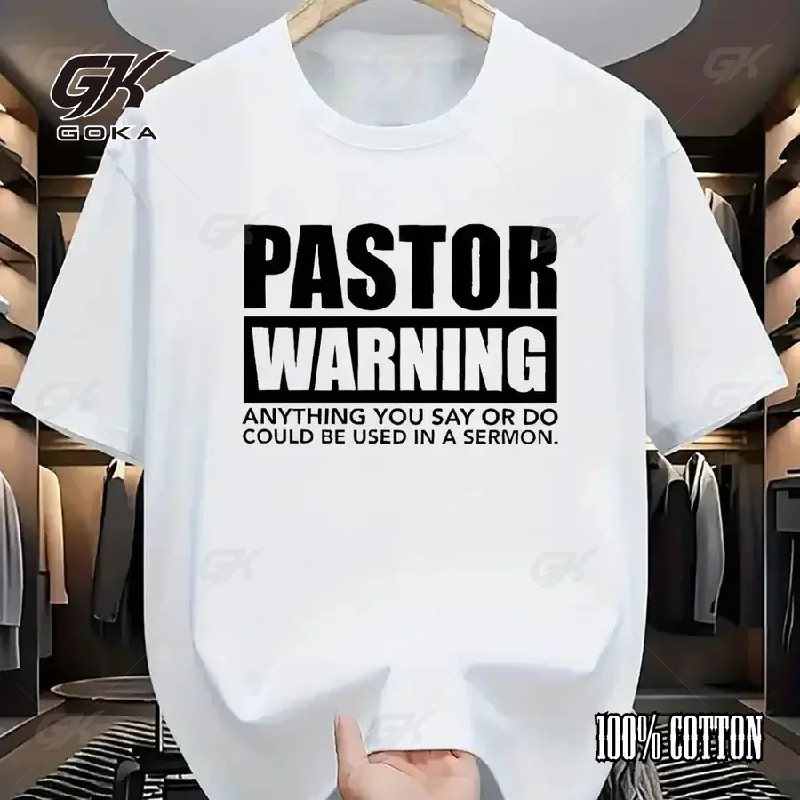 Men's Pastor Warning Letter Printed T-shirt-White Round Neck Short Sleeve Humorous Religious Design Comfortable Fashion