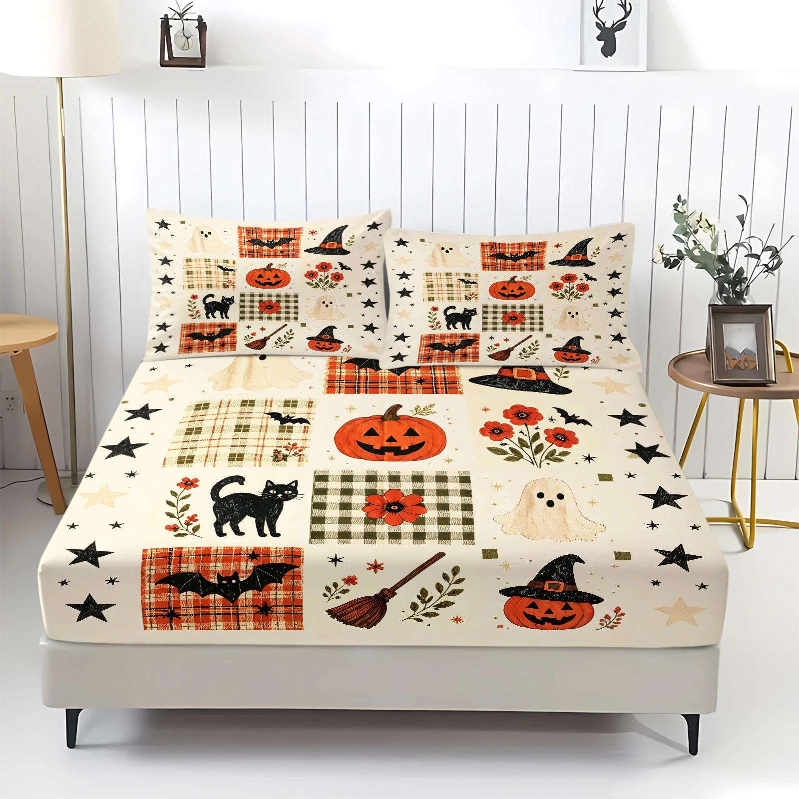 Retro Country Style Halloween Fitted Sheet Set Pumpkin Black Cat Ghost Bat Plaid Print Elastic Mattress Cover with Pillowcases