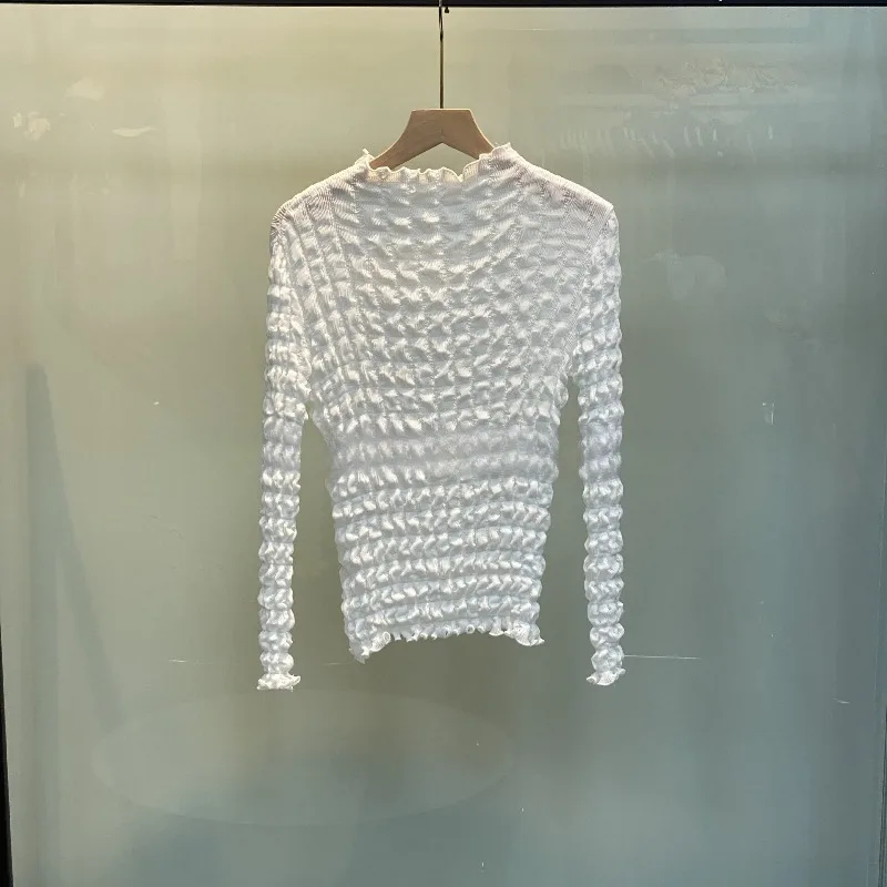 Miyake Pleated T-shirt Lace Bottom 2025 Fall Winter New Stereoscopic Embossed Slim Half-high Neck Long-sleeved Blouse Female