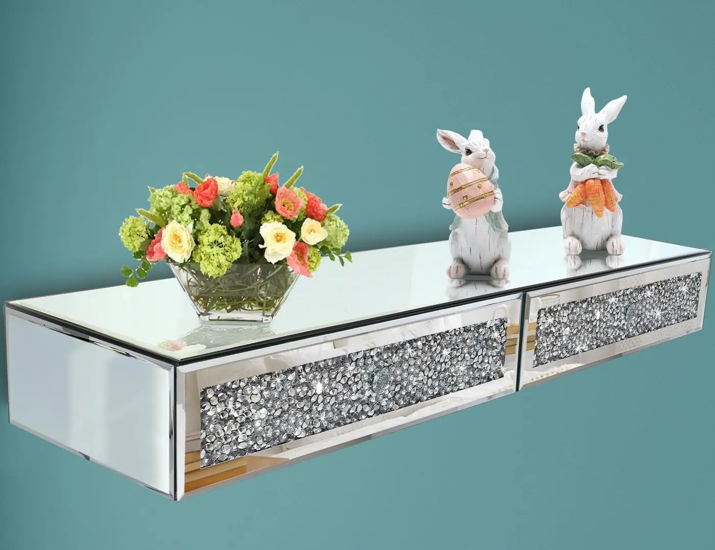 

Mirrored Floating Wall Shelf with 2 Drawers, Crystal Diamond Decor, Silver Finish for Home Display and Storage